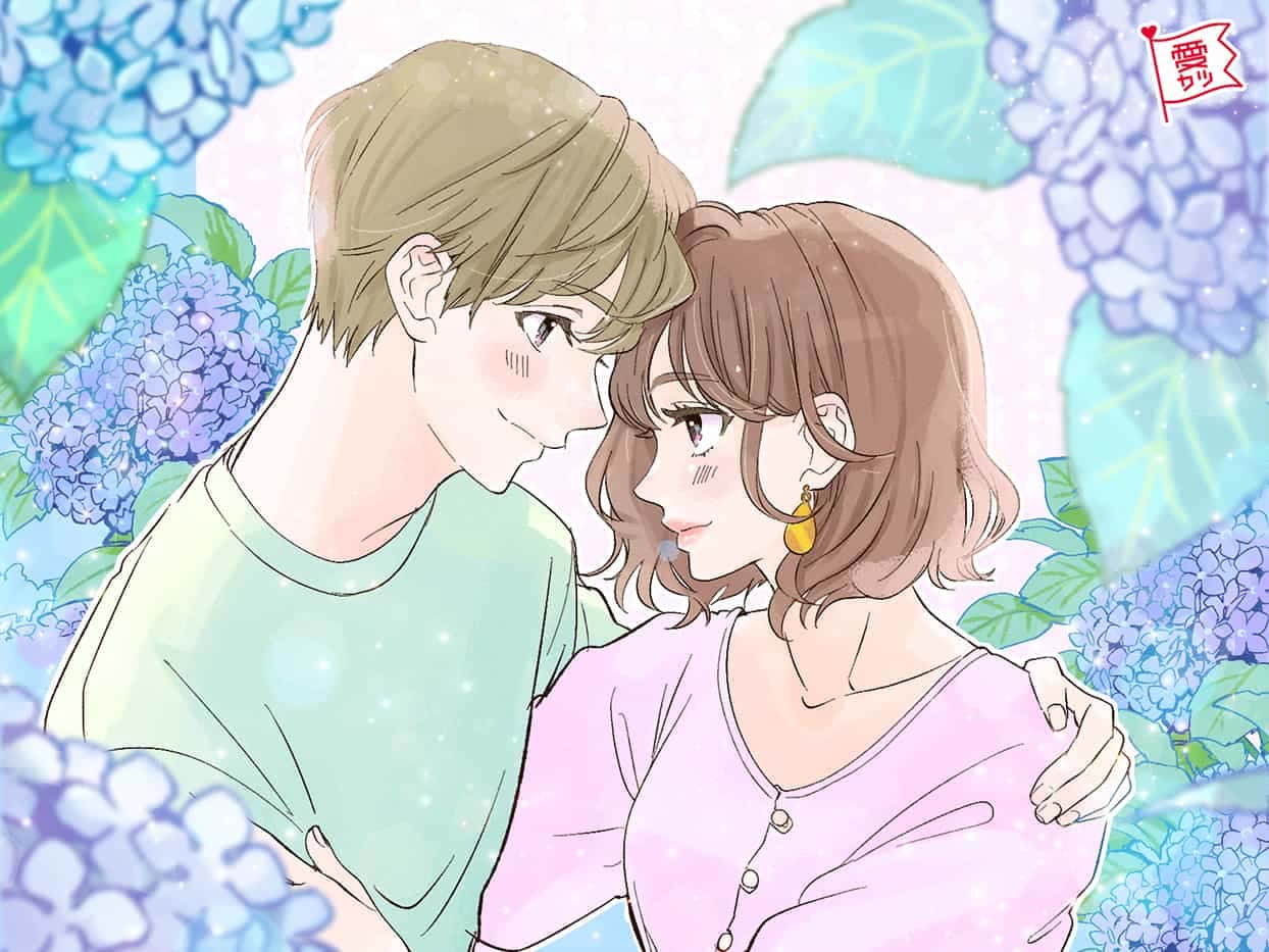 紫陽花に囲まれたカップル